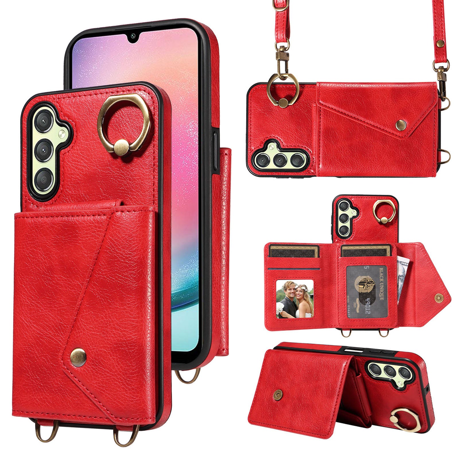 002 For Samsung Galaxy A24 4G A25 5G Card Bag Ring Kickstand Shockproof Cover Litchi Texture Leather Coated TPU Phone Case with Shoulder Strap 002 For Samsung Galaxy A24 4G A25 5G Card Bag Ring Kickstand Shockproof Cover Litchi Texture Leather Coated TPU Phone Case with Shoulder Strap